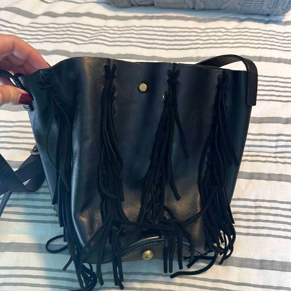 Madewell leather and suede fringe bucket bag